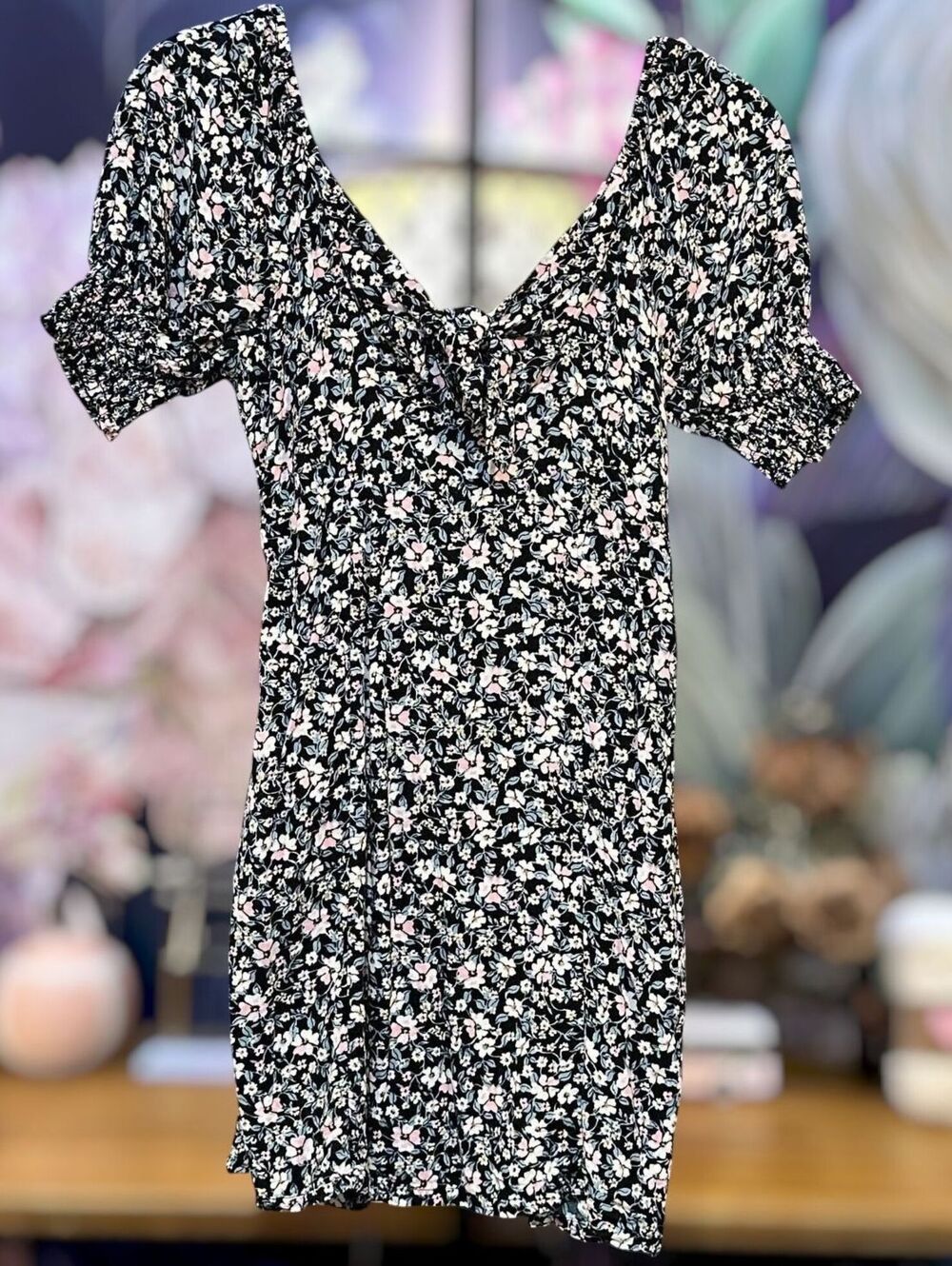 Mimi Chica S Floral Mini Dress Puff Sleeve Smocked Pockets Feminine Cottagecore